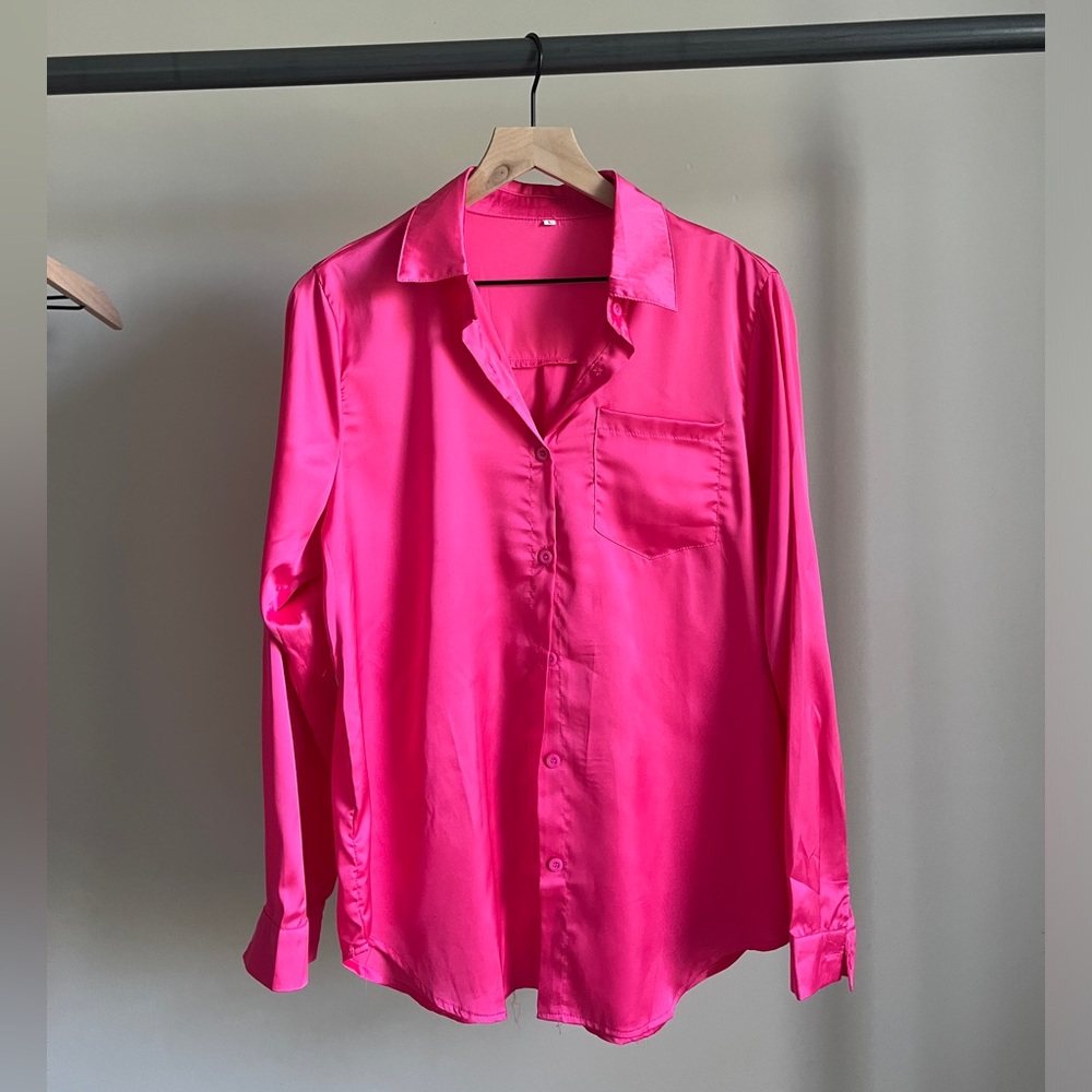 Neon pink silk button up shirt